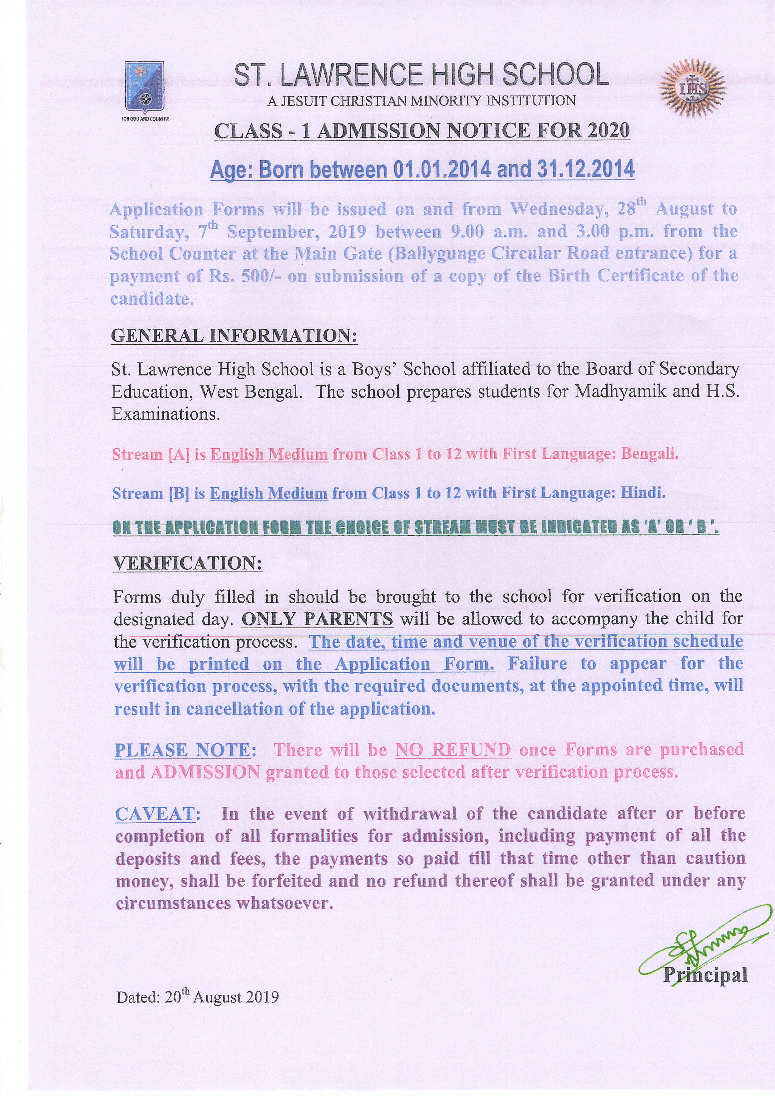 NOTICE FOR CLASS 1 ADMISSION - 2020