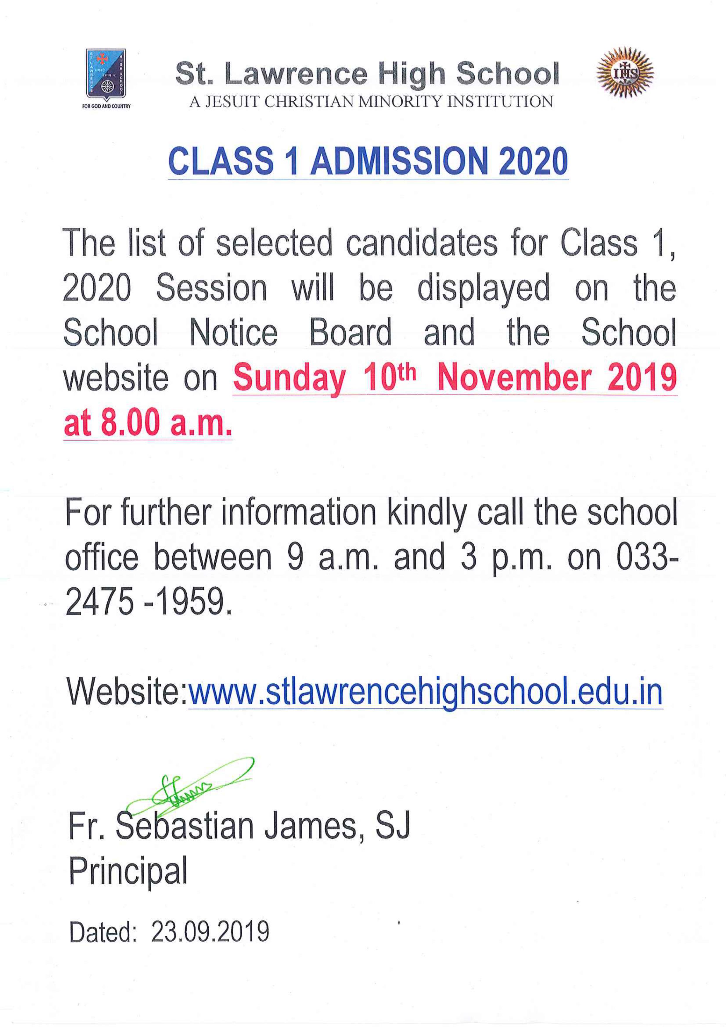 NOTICE FOR CLASS 1 ADMISSION - 2020