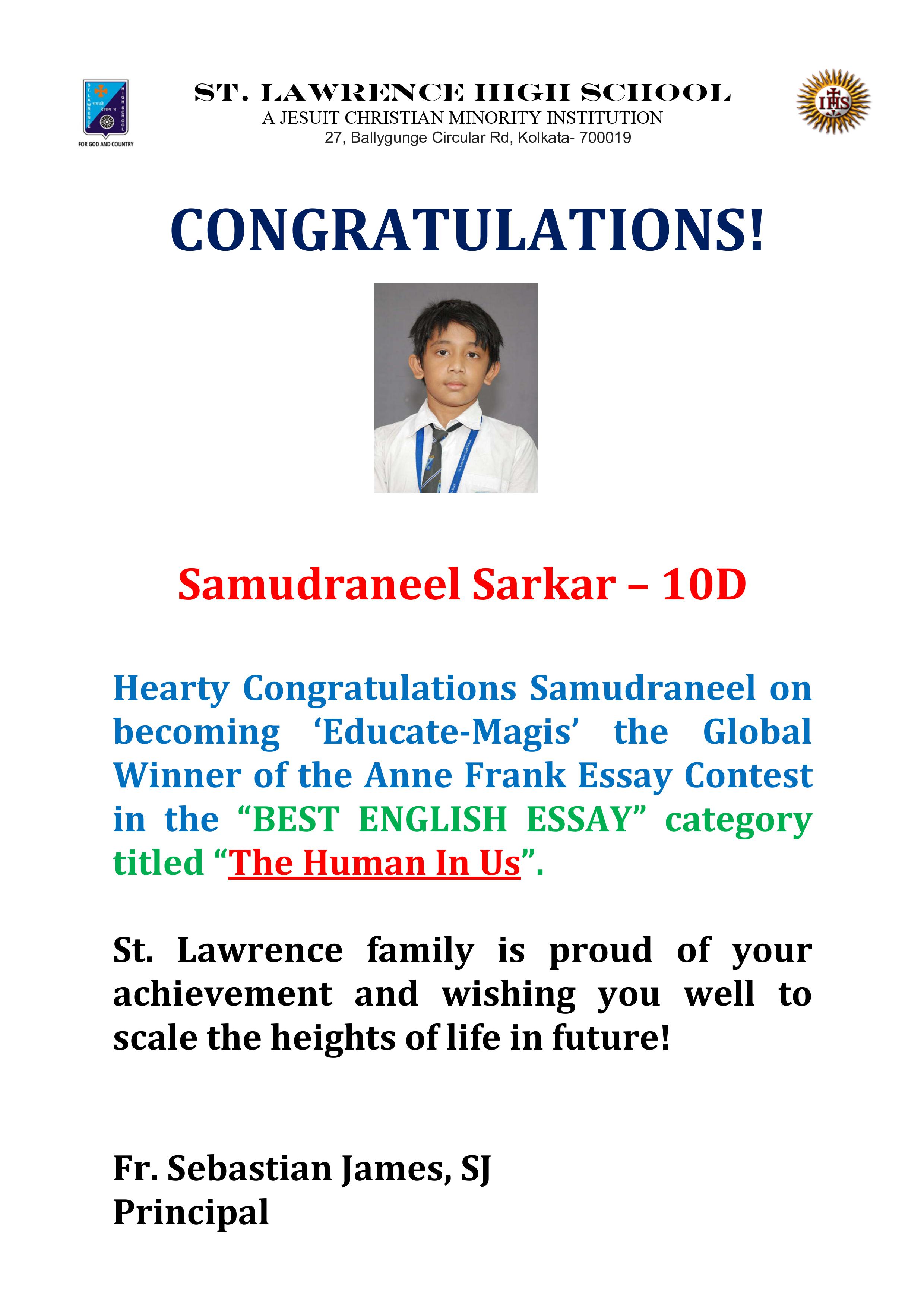 Samudraneel Sarkar – 10D - Winner of the Anne Frank Essay Contest in the “BEST ENGLISH ESSAY”